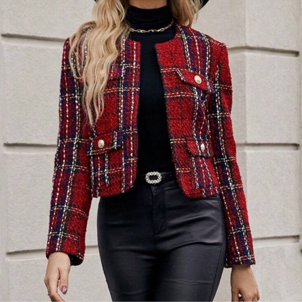 Classic Red Plaid Print Tweed Open Front Jacket Coat S M L XL